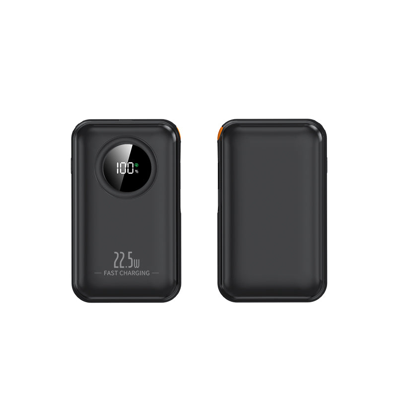 The picture shows a black portable power bank with a digital display showing 100% battery and a label indicating it supports 22.5W fast charging.
