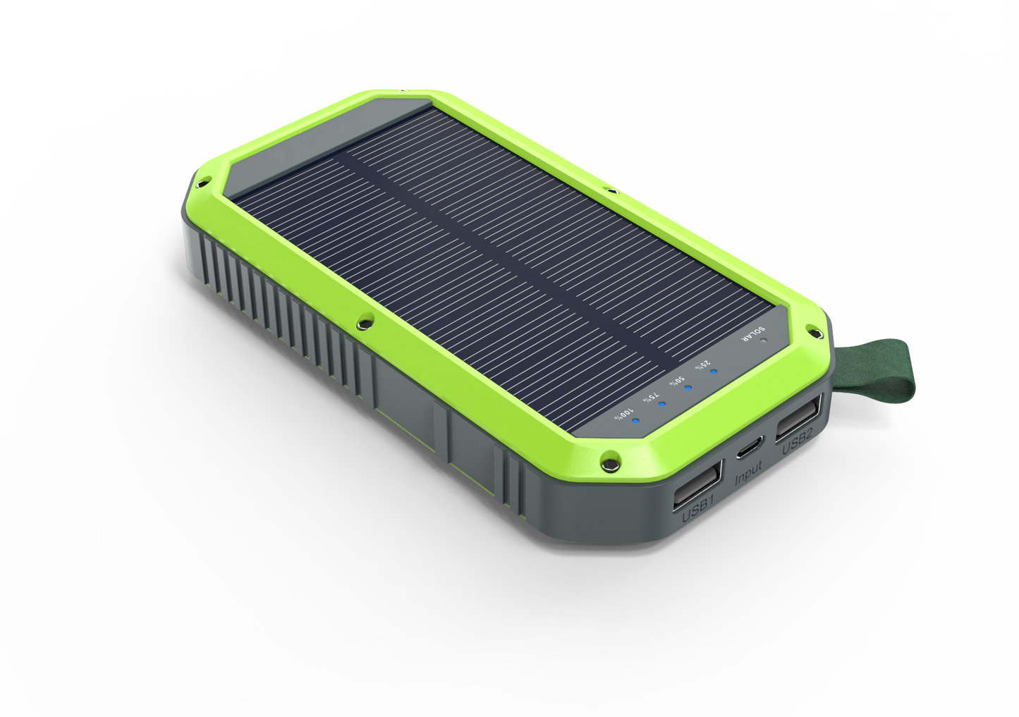 The right side of the green solar charger has two USB ports and a shuruk