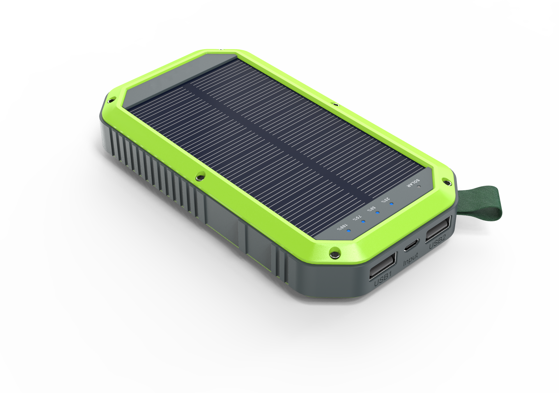 The right side of the green solar charger has two USB ports and a shuruk