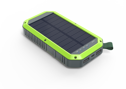 The right side of the green solar charger has two USB ports and a shuruk