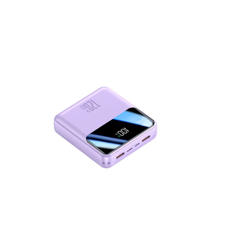 The image shows a purple potable power bank with three charging cables and a USB cable to connect directly to the socket or charging head, a digital screen and a looped strap for easy carrying.