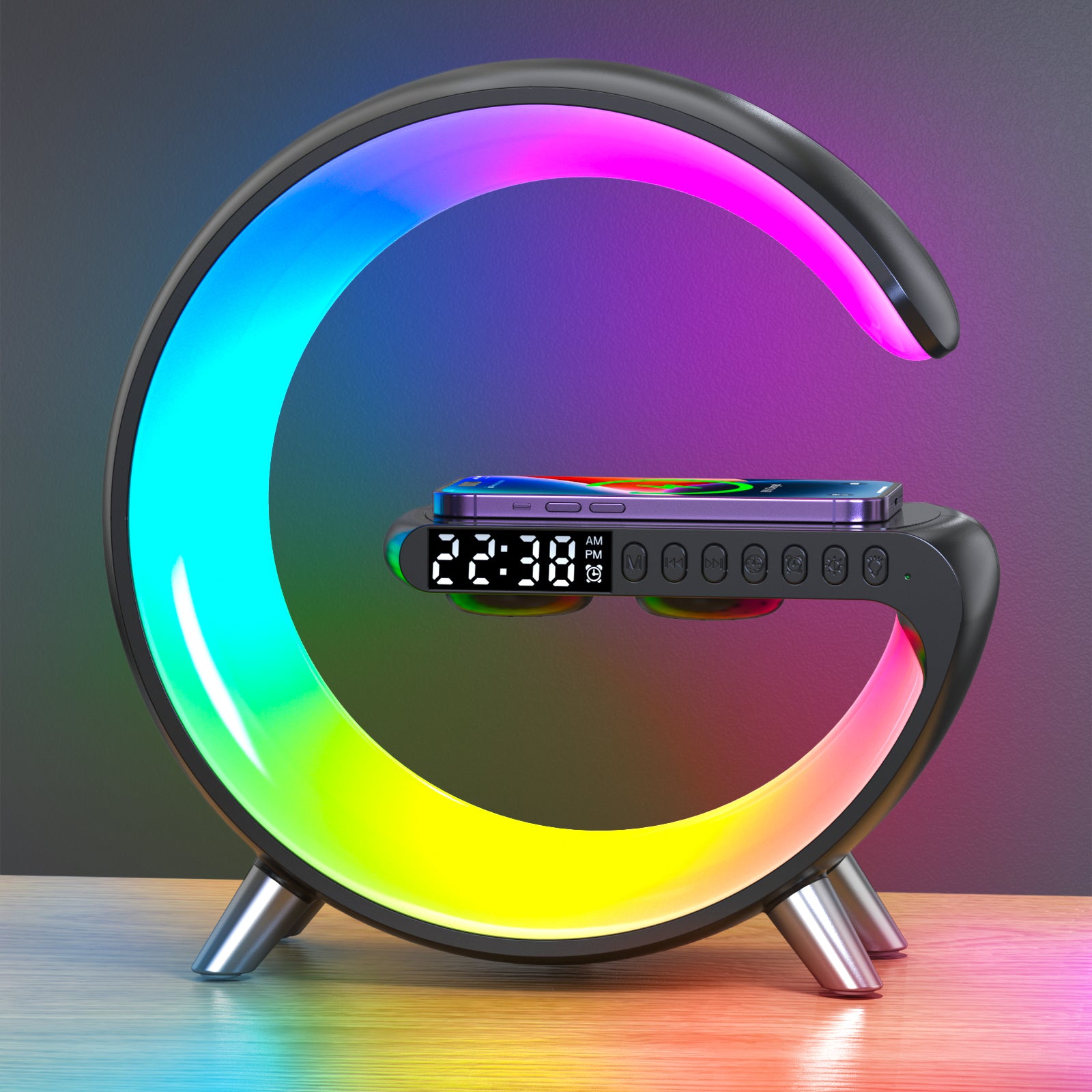 The picture shows a black multifunctional alarm clock with a circular, colorful light ring, a digital display showing the time as 22:38, and several buttons for various functions.
