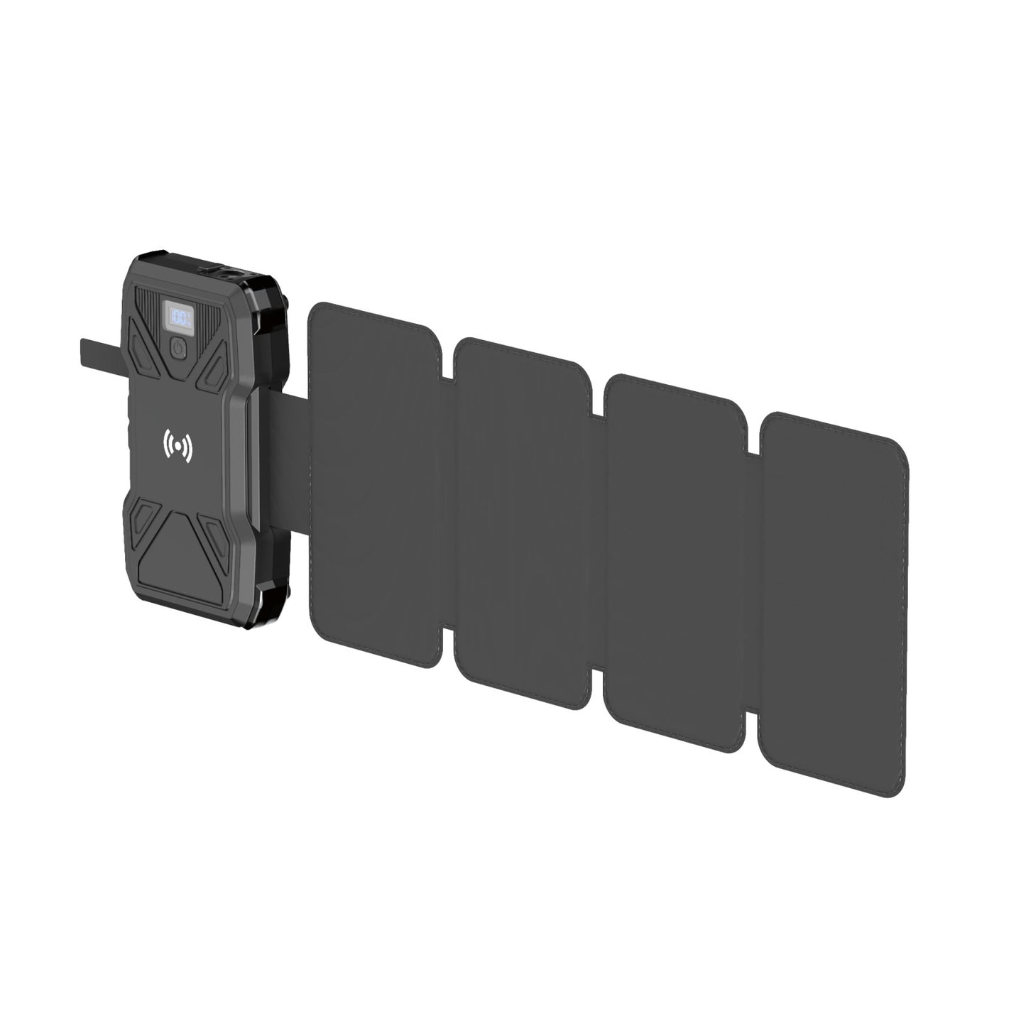 Solar wireless charger black left side unfolded front view