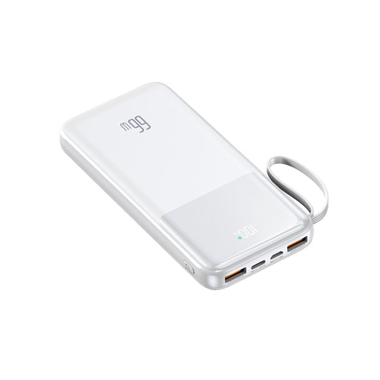 The image shows a white potable power bank with two USB ports, a digital display, and a looped strap for easy carrying.