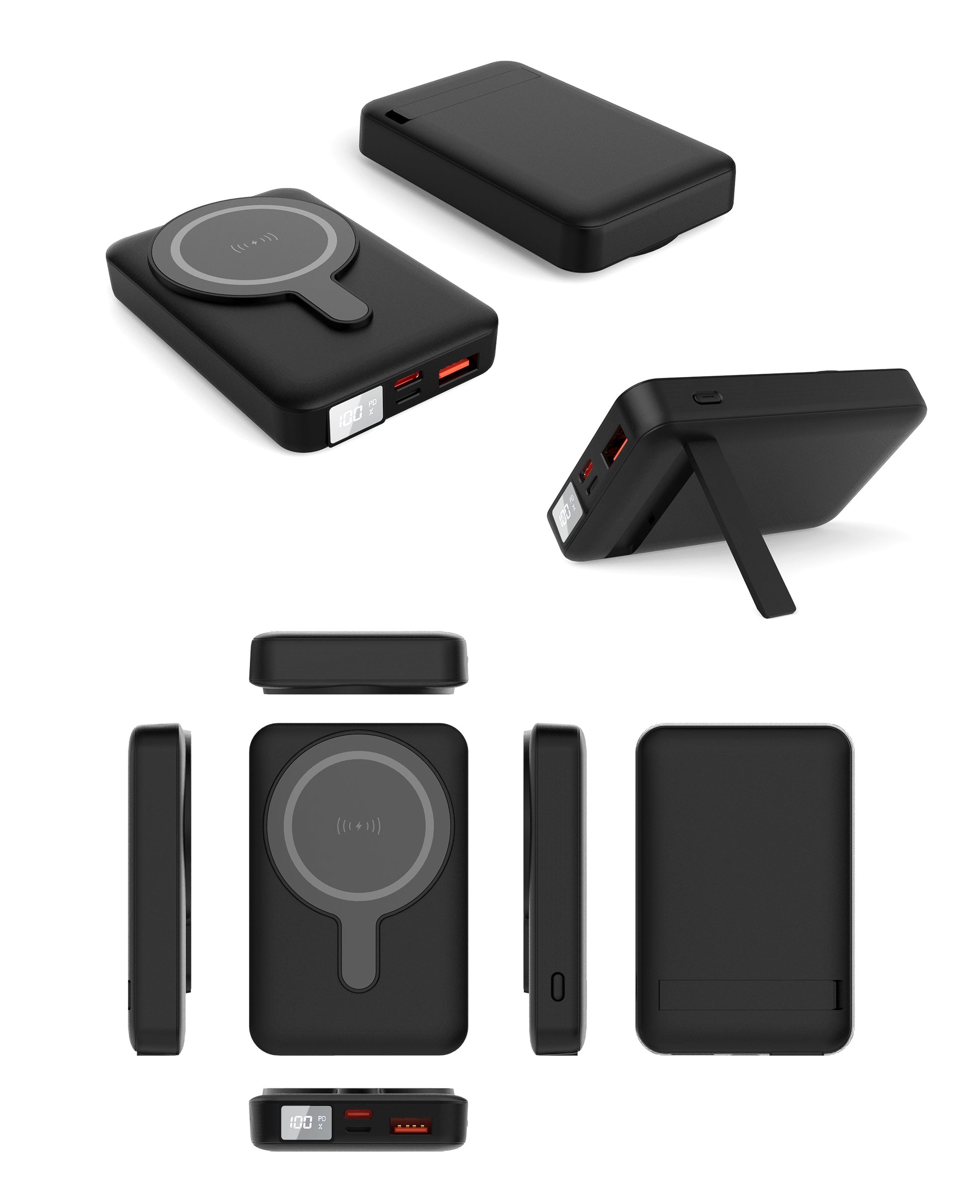 The picture shows a black portable power bank with multiple functions, including wireless charging, a fold - out stand, and multiple USB ports for charging various devices.
