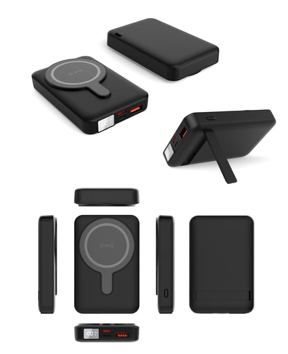 The picture shows a black portable power bank with multiple functions, including wireless charging, a fold - out stand, and multiple USB ports for charging various devices.
