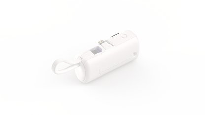 The image shows a sleek, white portable power bank with a wrist strap, featuring both a USB - C and a Lightning port for charging various devices.
