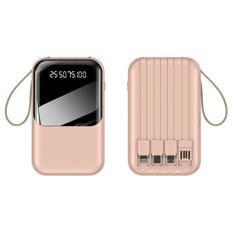 Pictured is a white portable pink power bank with a digital display, multiple charging ports and a handle on one side.