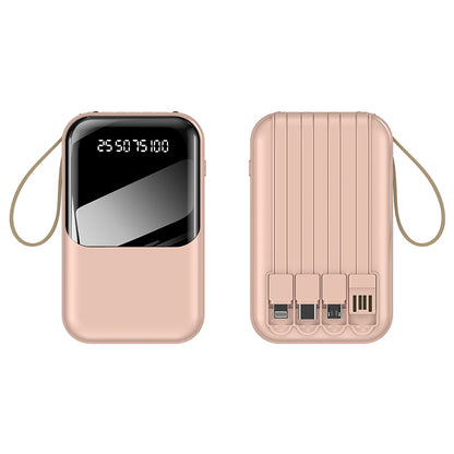 Pictured is a white portable pink power bank with a digital display, multiple charging ports and a handle on one side.