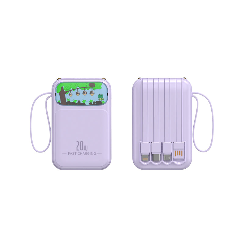 The picture shows a light - purple portable power bank with a 20W fast - charging feature, a cute animated display on the front, and multiple charging ports on the back.
