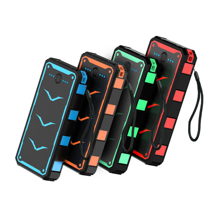 The picture shows four portable power banks with rugged designs, featuring different colored accents (blue, orange, green, and red) and carabiner - style straps for easy carrying.
