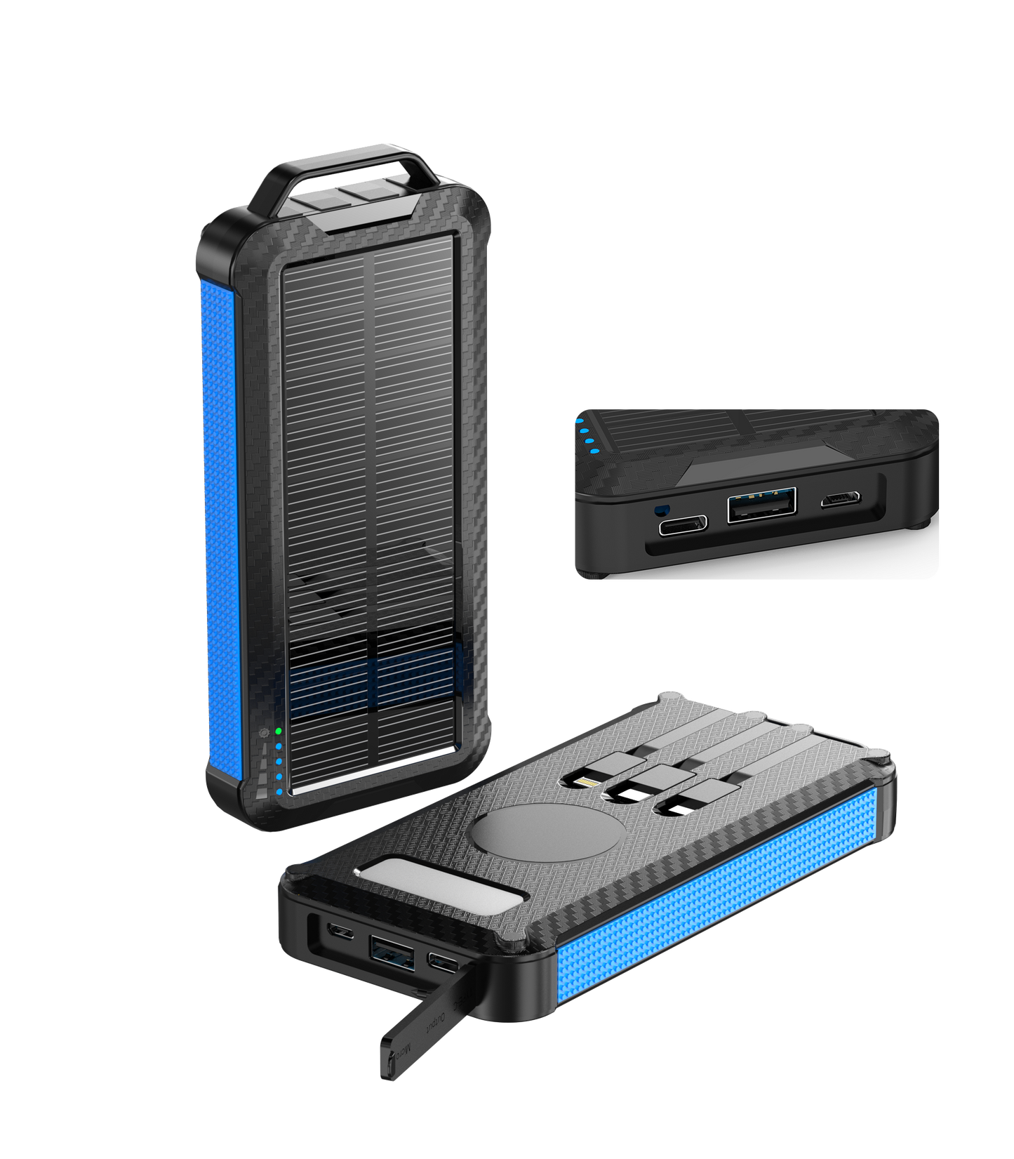 Shown is a high-capacity portable blue solar power bank with a rugged design, solar panel for charging, multiple ports for different devices.