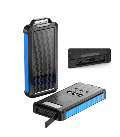 Shown is a high-capacity portable blue solar power bank with a rugged design, solar panel for charging, multiple ports for different devices.