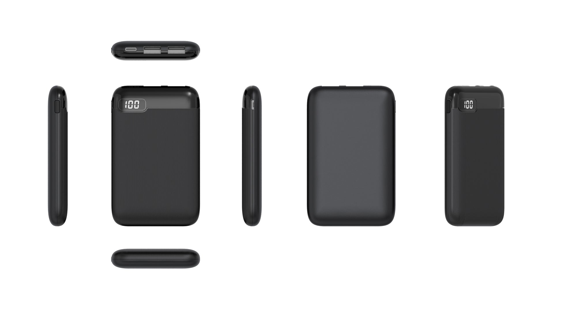 The picture shows a black portable power bank with multiple views, featuring a digital display showing "100%".
