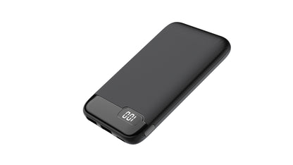 The picture shows a black mobile power bank with "100%" displayed on the digital display and an on/off switch on the side.