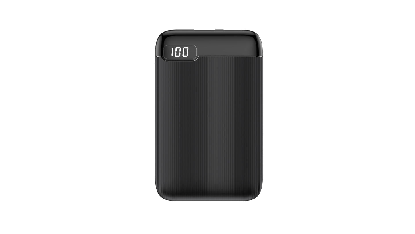 The picture shows a black portable power bank with a digital display indicating a 100% charge.
