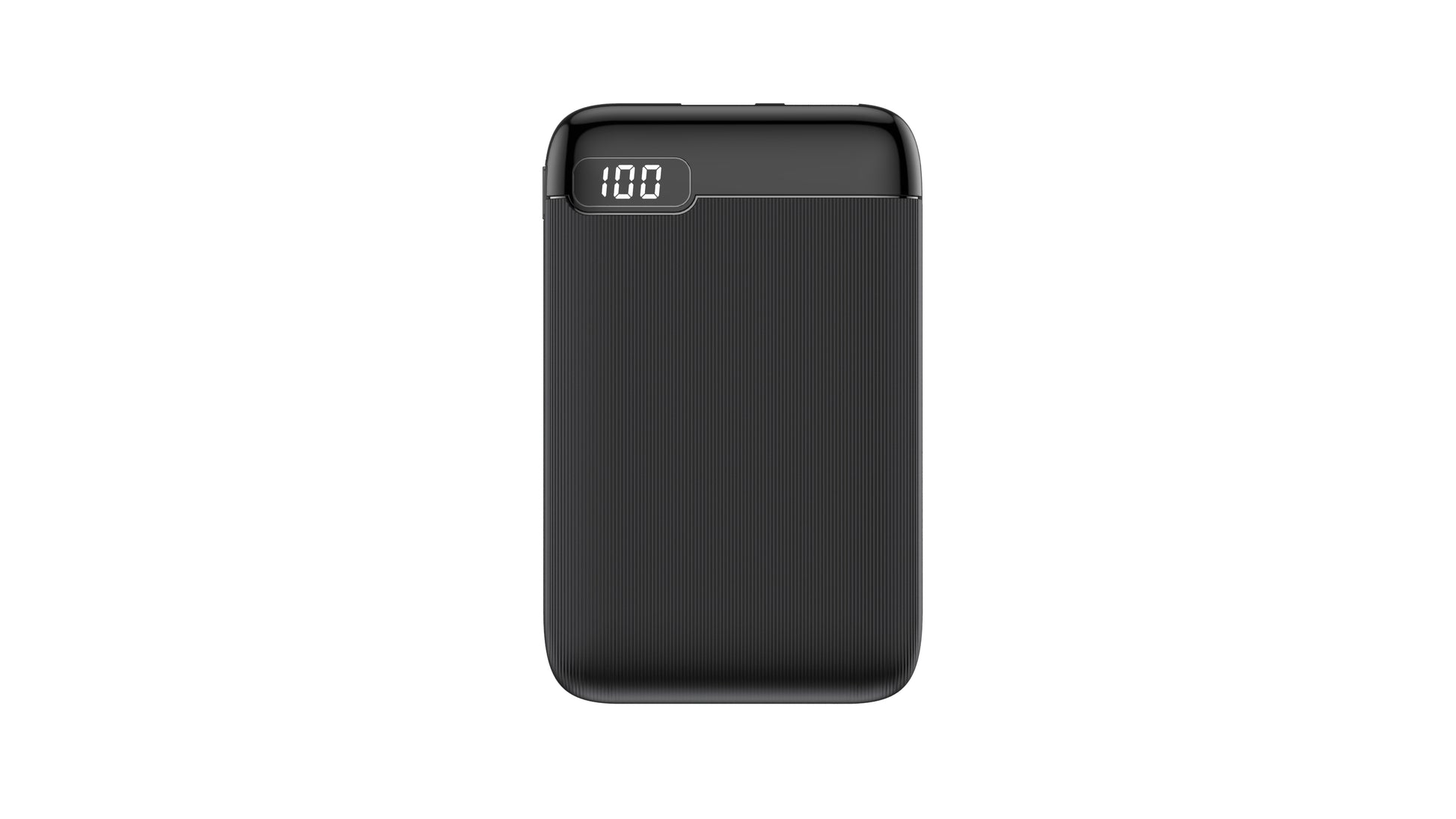 The picture shows a black portable power bank with a digital display indicating a 100% charge.
