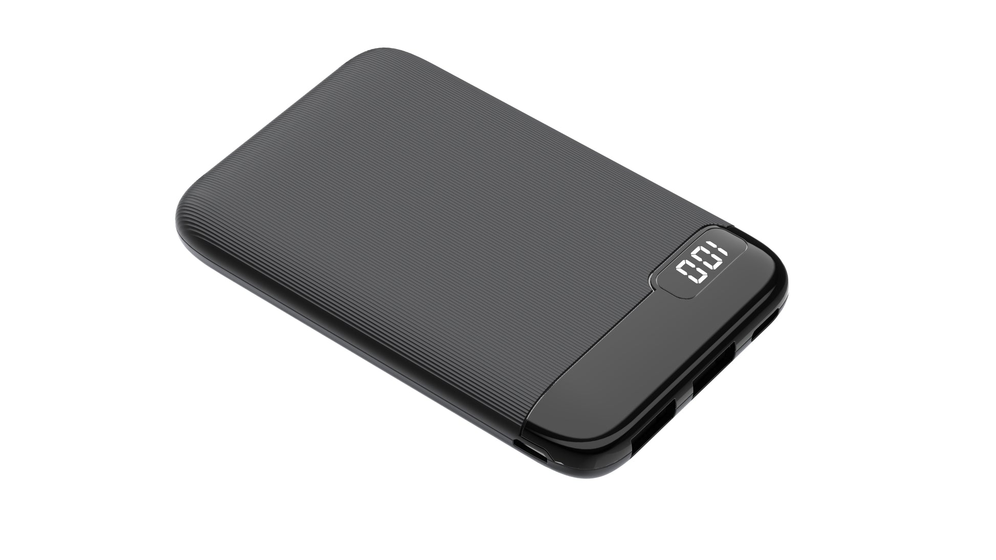 The picture shows a black mobile power bank with "100%" displayed on the digital display and an on/off switch on the side.