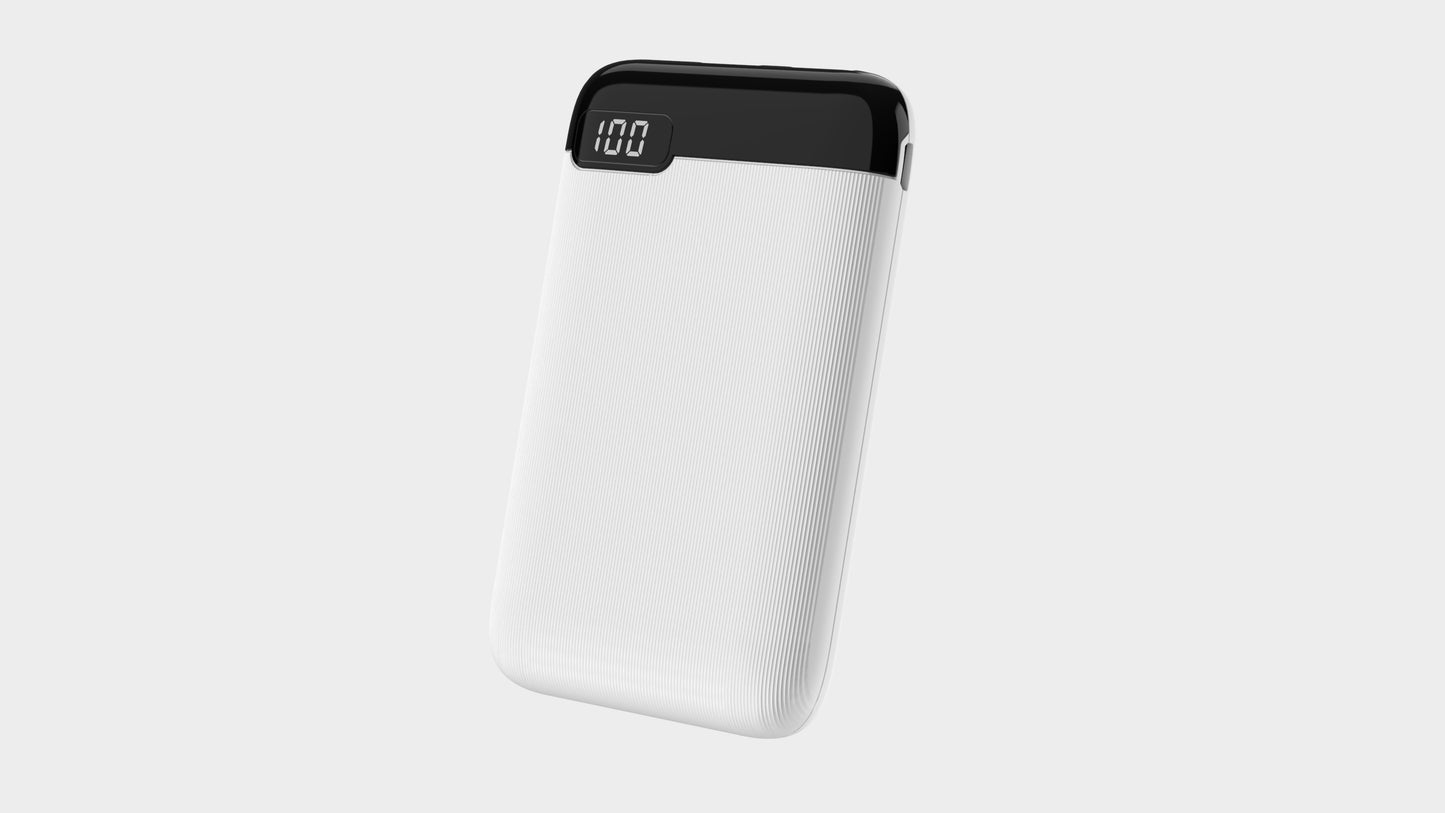 The picture shows a white portable power bank with a black top, displaying "100" on its digital screen, indicating it is fully charged.
