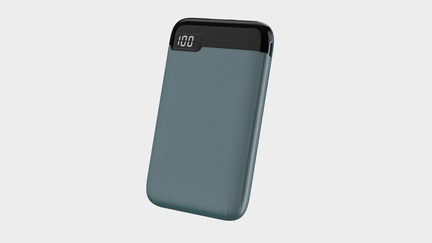 The picture shows a blue portable power bank with a black top, displaying "100" on its digital screen, indicating it is fully charged.
