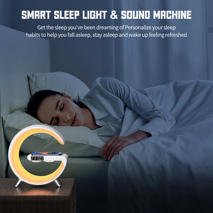 The image shows a smart sleep light and sound machine that helps users fall asleep, stay asleep, and wake up feeling refreshed.
