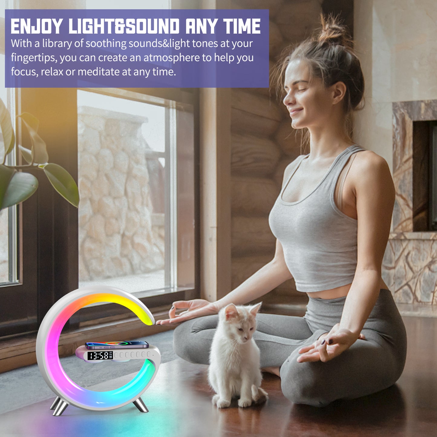 The picture shows a multifunctional alarm clock that offers a variety of soothing sounds and light tones, allowing users to create a relaxing atmosphere for focus, relaxation, or meditation.
