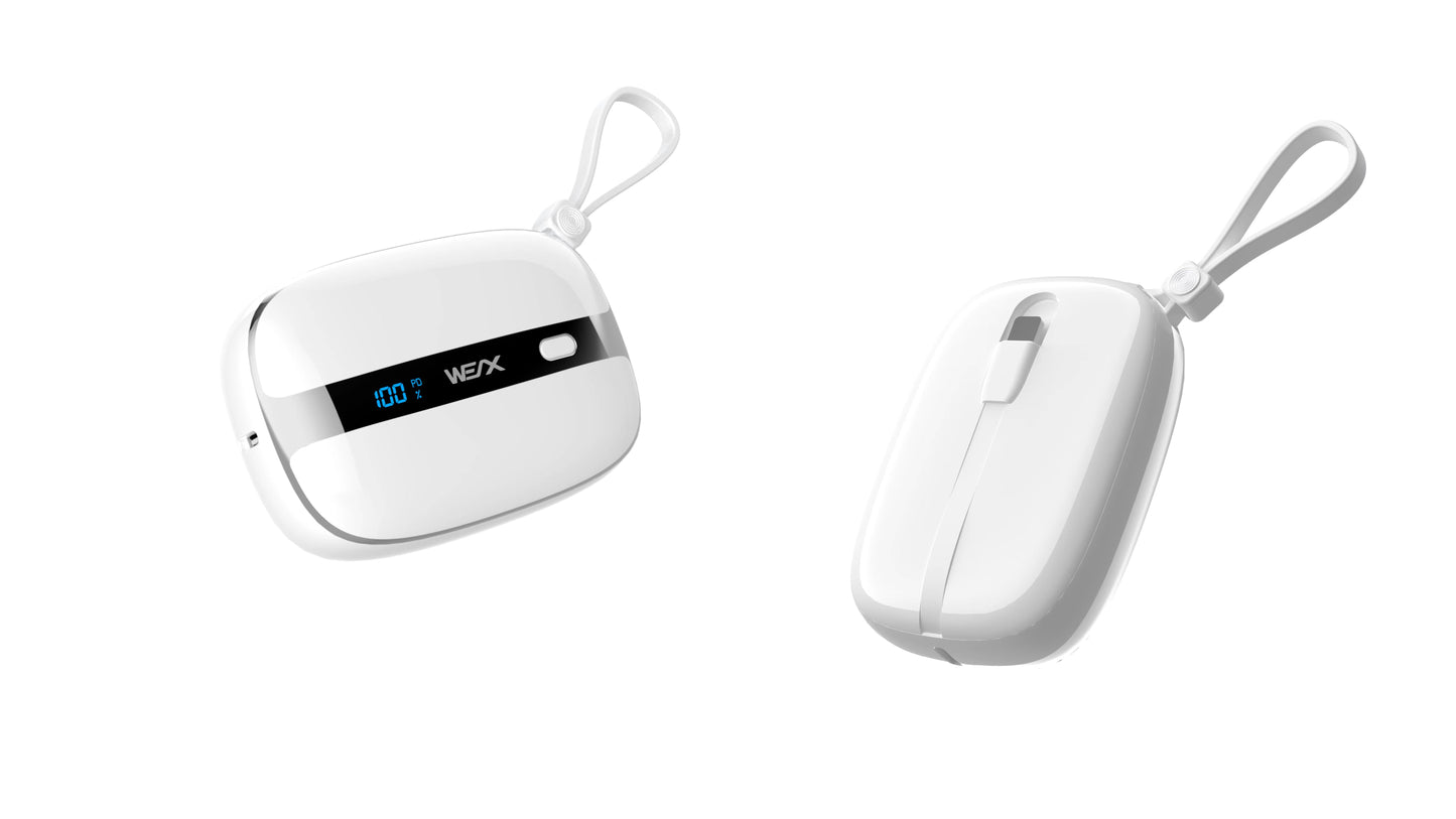 The picture shows two views of a white portable power bank with a digital display showing "100% PD " and Type-C.
