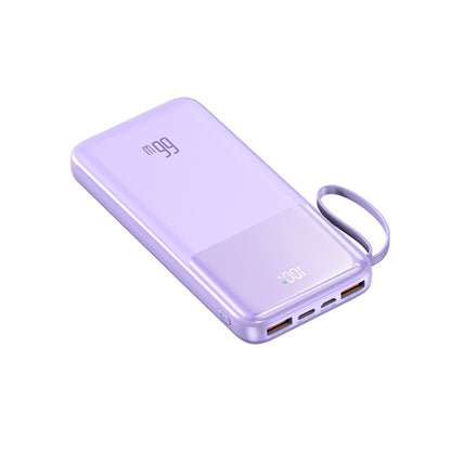 The image shows a purple potable power bank with two USB ports, a digital display, and a looped strap for easy carrying.