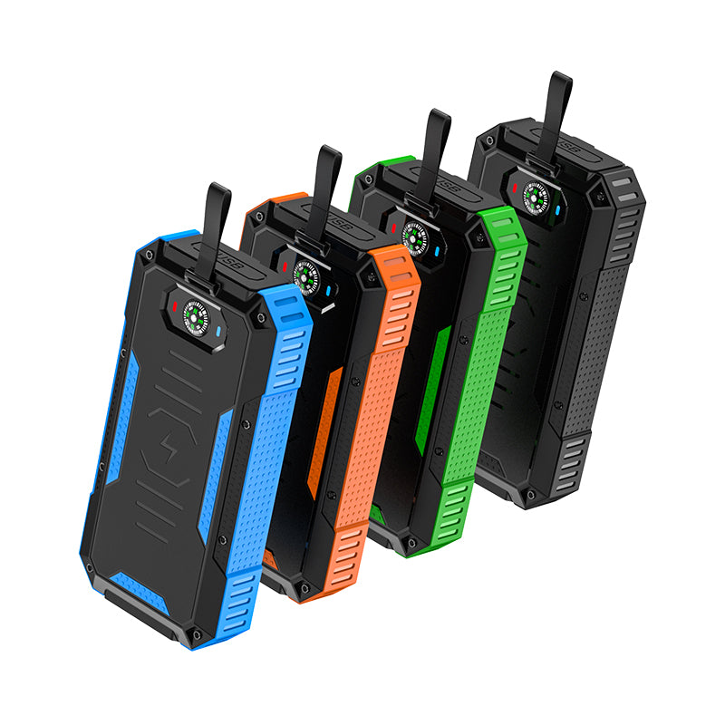 The picture shows four portable solar power banks with rugged designs, each featuring a built - in compass on the top surface and available in different colors (blue, orange, green, and black).
