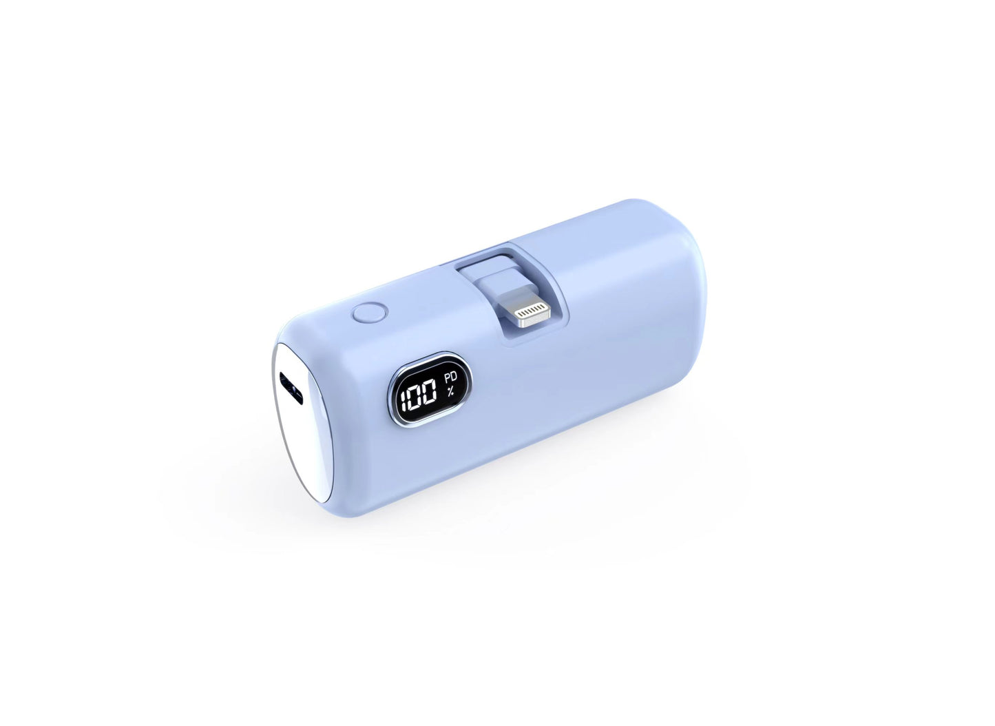 The picture shows a blue portable power bank with a built - in PD port and a digital display indicating 100% battery charge.
