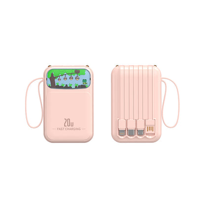 The picture shows a pink portable power bank with a 20W fast - charging feature, a cute animated display on the front, and multiple charging ports on the back.
