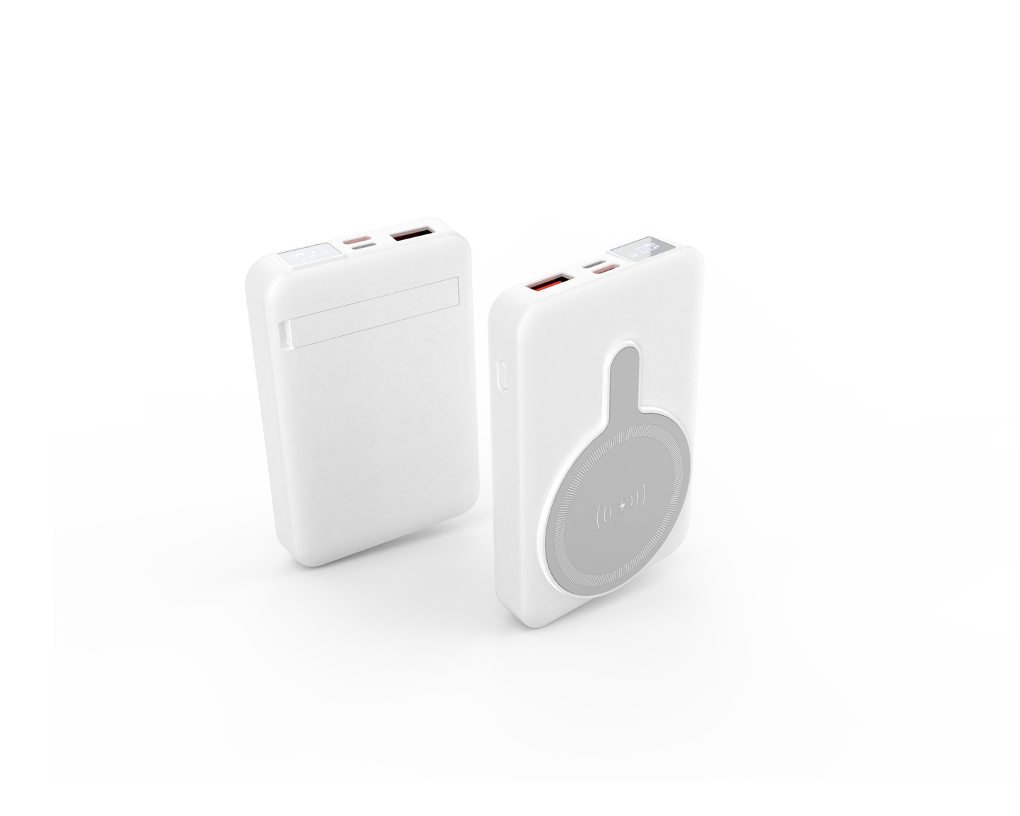 The picture presents a white power bank which has a sleek appearance with a certain color scheme and possibly includes features like multiple charging ports or an indicator light as visible on its surface.