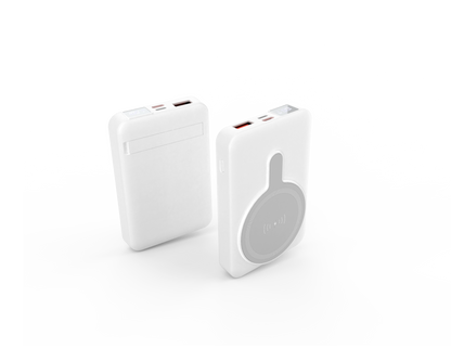 The picture presents a white power bank which has a sleek appearance with a certain color scheme and possibly includes features like multiple charging ports or an indicator light as visible on its surface.