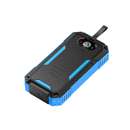 The picture shows a portable solar power bank with a rugged design, featuring blue and black colors, a strap for carrying, and a built - in compass on the top surface.