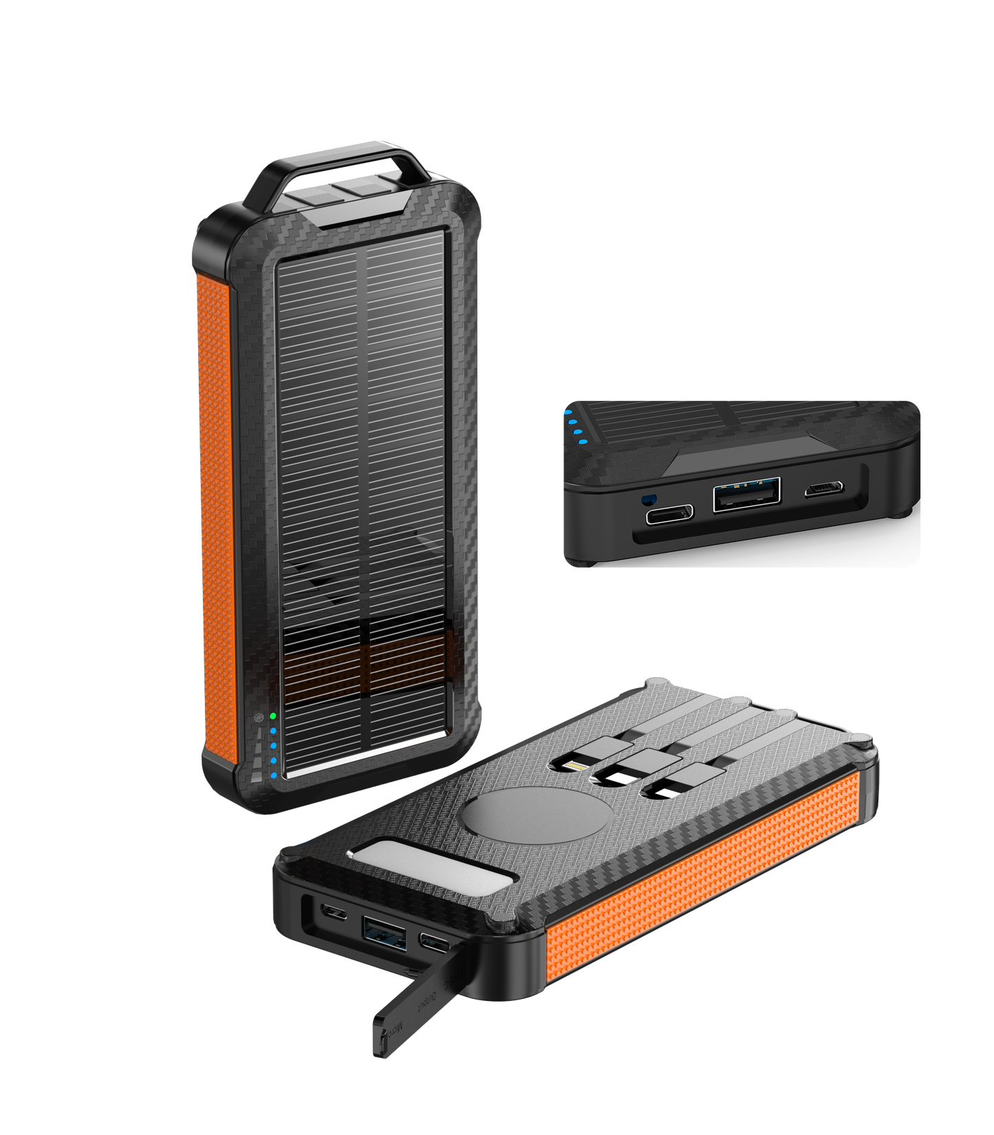 Shown is a high-capacity portable orange solar power bank with a rugged design, solar panel for charging, multiple ports for different devices.