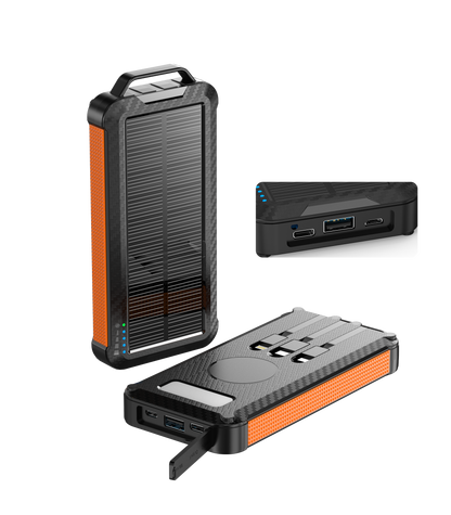 Shown is a high-capacity portable orange solar power bank with a rugged design, solar panel for charging, multiple ports for different devices.