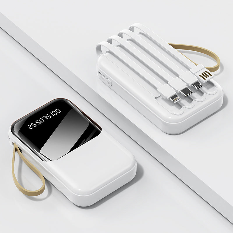 The picture shows a white mobile white power bank with a digital display and multiple cables built into the other side.