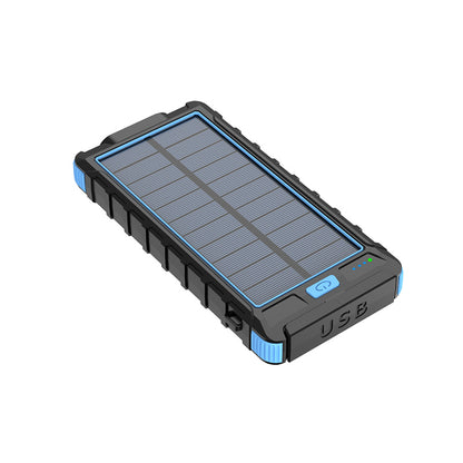 The picture shows a blue portable power bank with a solar panel on the top surface, a USB port, and indicator lights on the bottom edge.
