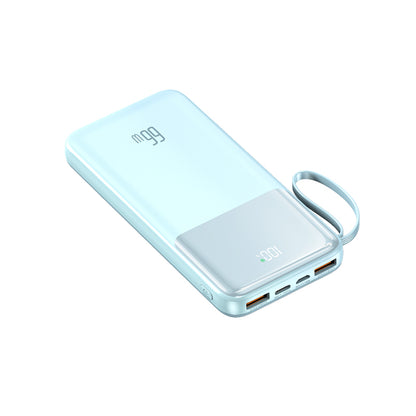 The image shows a blue potable power bank with two USB ports, a digital display, and a looped strap for easy carrying.