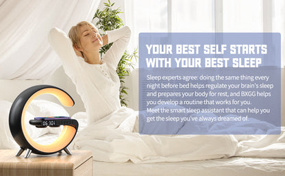 The image promotes a smart sleep assistant product that combines an alarm clock and lamp, emphasizing its role in helping users achieve better sleep through routine, with a focus on its features and benefits.
