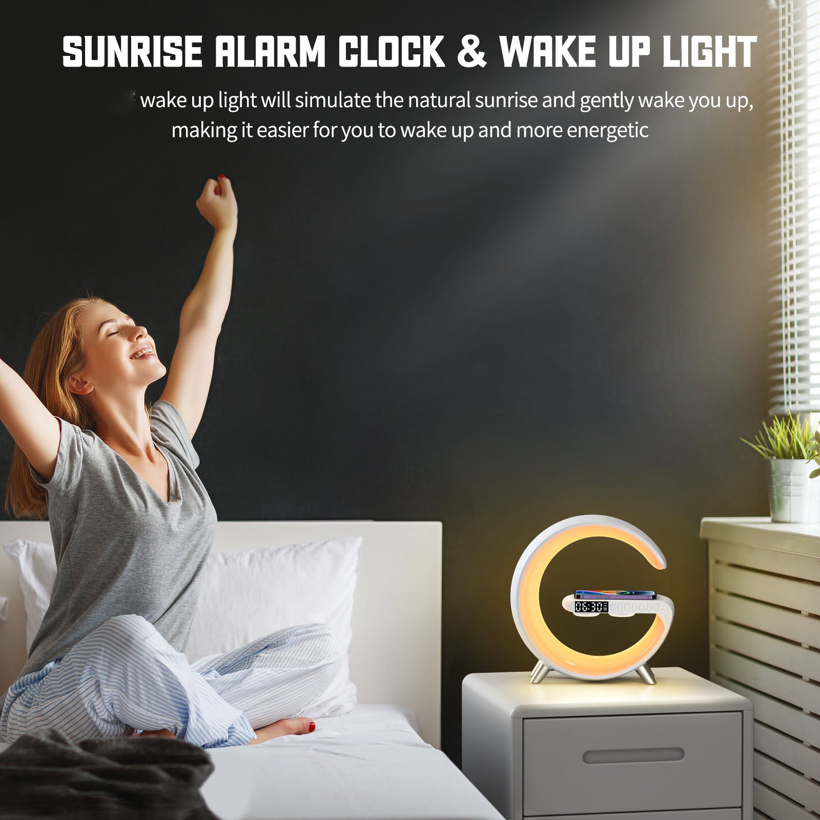 The picture shows a sunrise alarm clock with wake - up light that simulates natural sunrise to gently wake people up, helping them feel more energetic.
