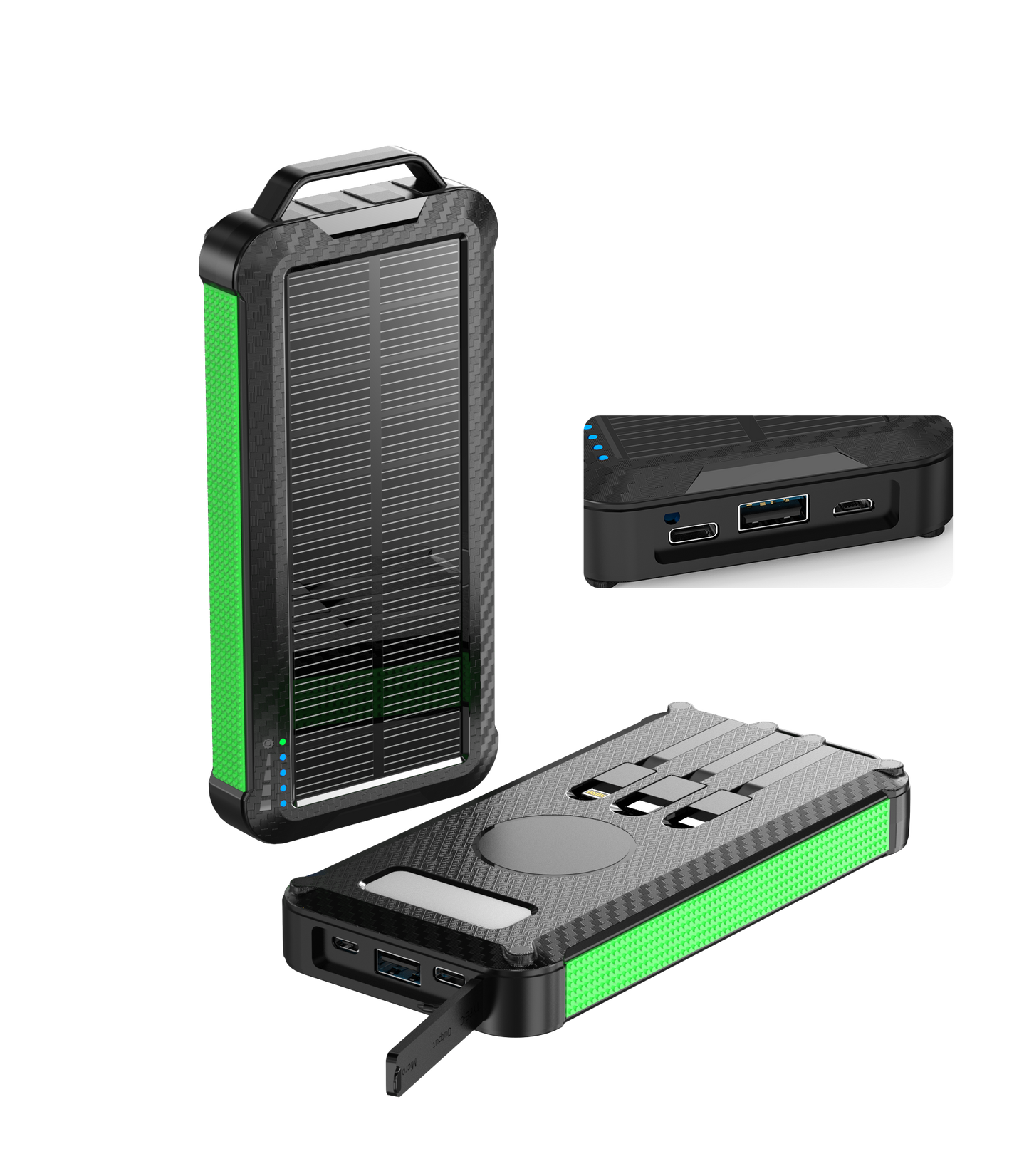 Shown is a high-capacity portable green solar power bank with a rugged design, solar panel for charging, multiple ports for different devices.