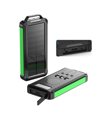 Shown is a high-capacity portable green solar power bank with a rugged design, solar panel for charging, multiple ports for different devices.