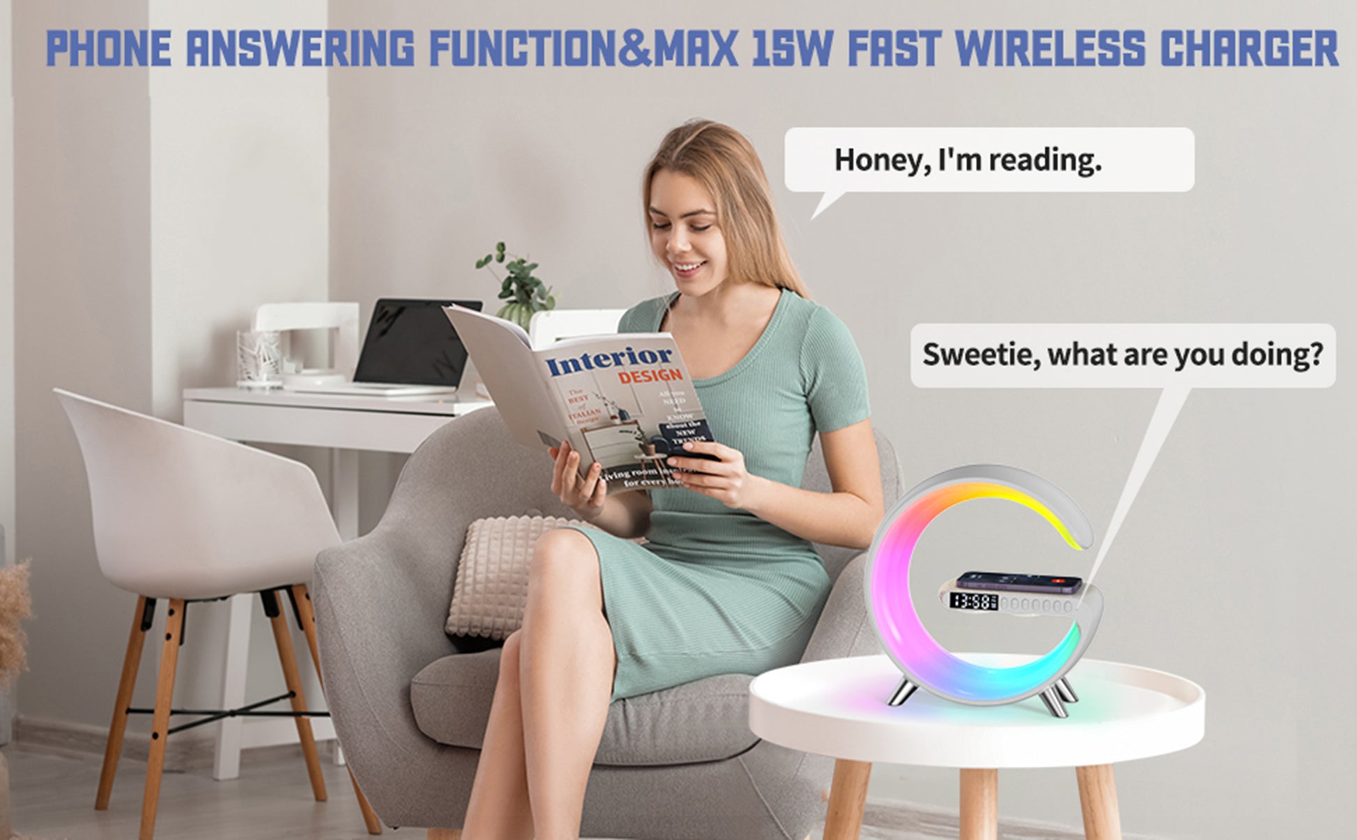 The image shows a woman reading while a device with phone answering function and max 15W fast wireless charging, which appears to be a combination of an alarm clock and a smart lamp, is on a table.
