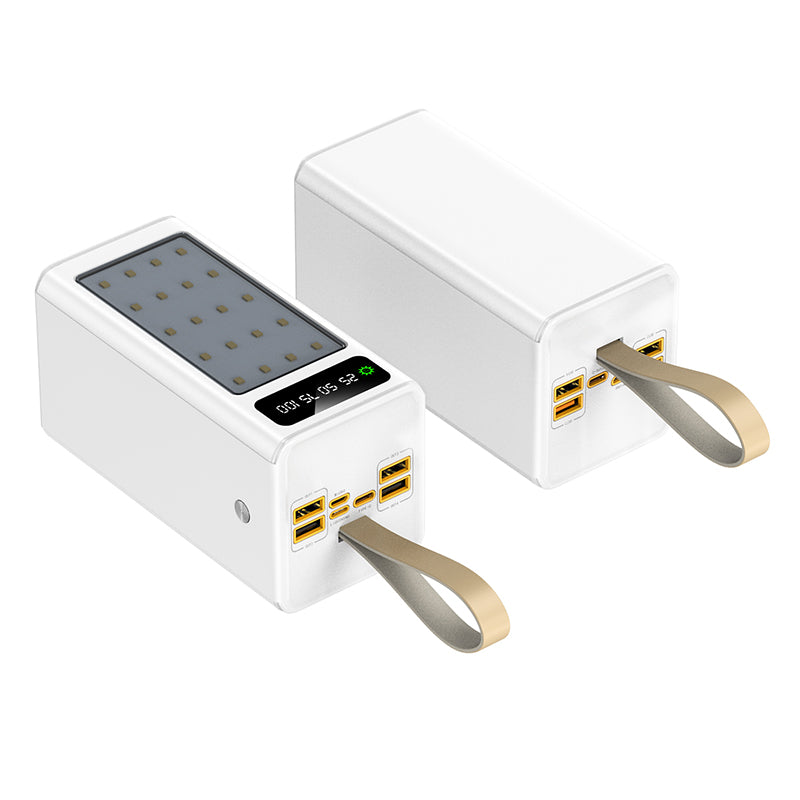 The picture shows a white mobile power bank with multiple ports with yellow borders and a light on the front.

