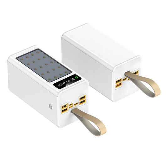 The picture shows a white mobile power bank with multiple ports with yellow borders and a light on the front.

