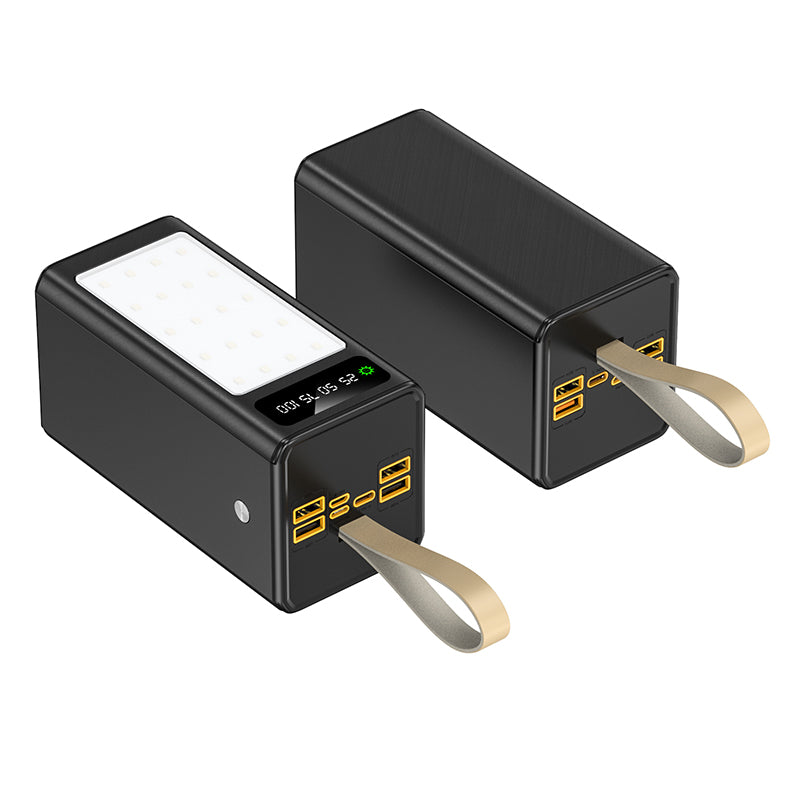 The image shows two black power banks with multiple USB ports, a digital display, and a looped strap for easy carrying.

