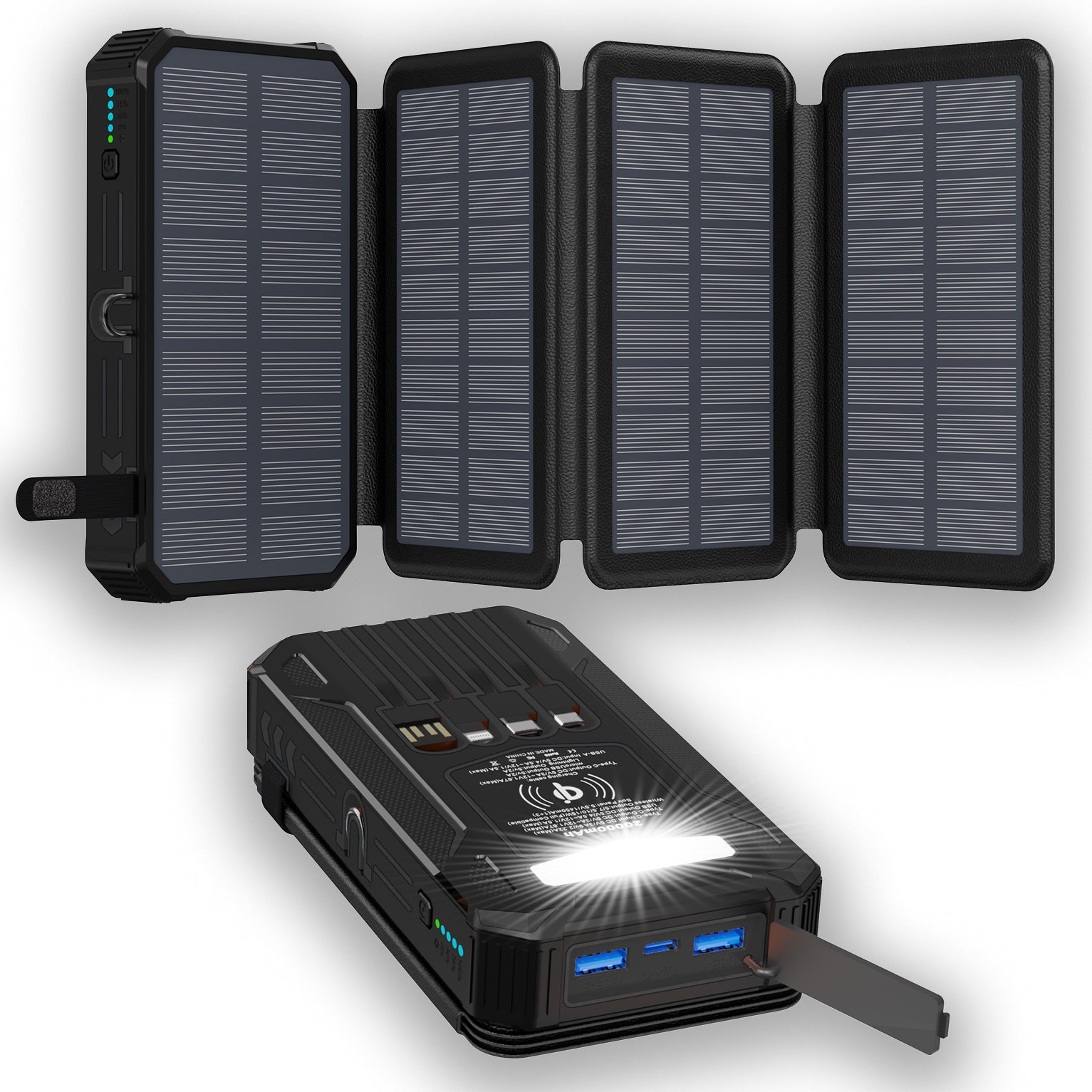 The picture shows a portable black solar power bank with fold - out solar panels on top, equipped with multiple charging ports and indicator lights.
