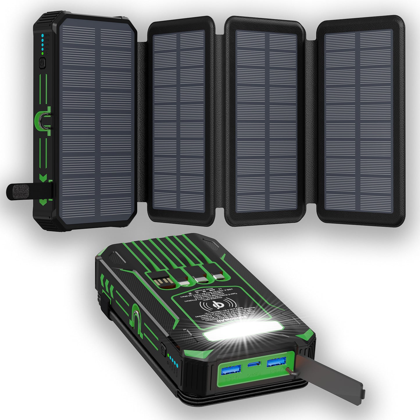 The picture shows a portable green solar power bank with fold - out solar panels on top, equipped with multiple charging ports and indicator lights.
