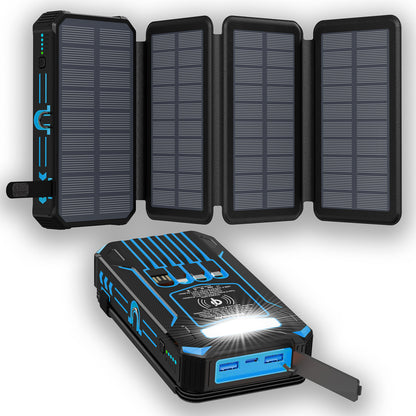 The picture shows a portable blue solar power bank with fold - out solar panels on top, equipped with multiple charging ports and indicator lights.